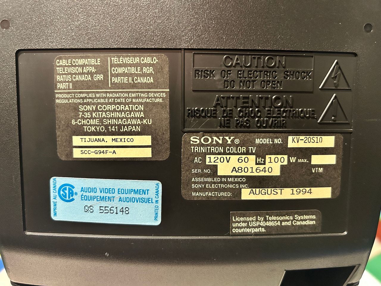 KV-20S10 - Back label
