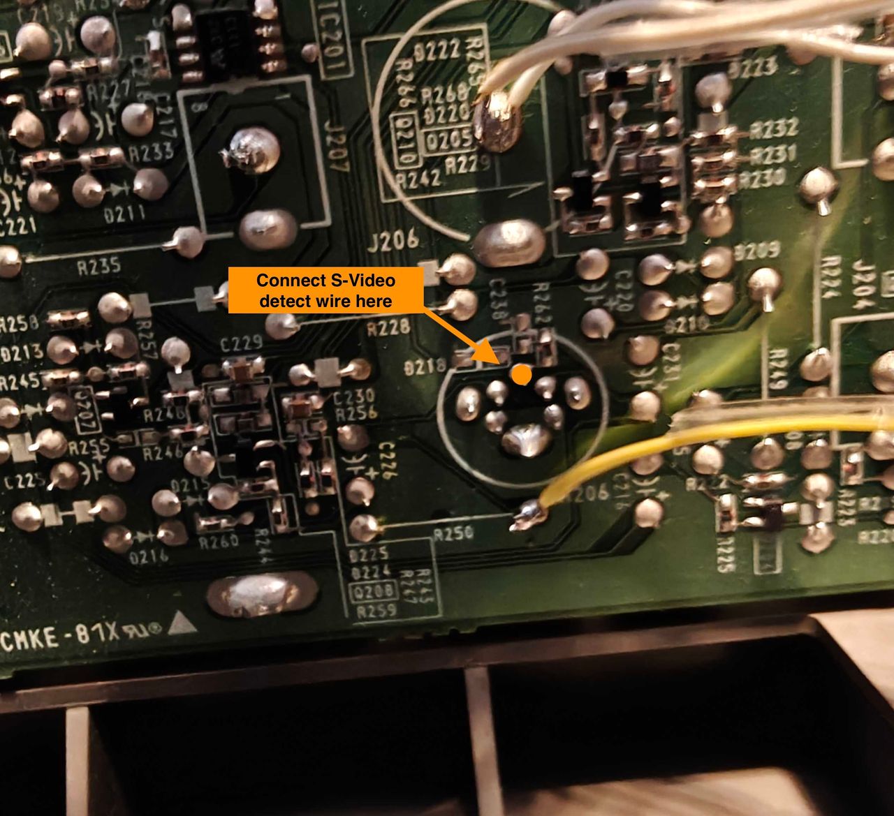 PVM-20L1 - Don't have a picture of this work completed, but S-Video detect (orange wire) can be soldered here.