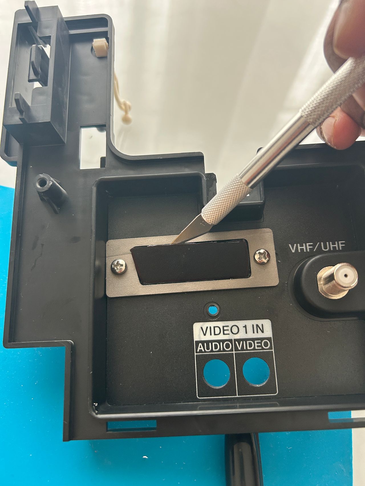 KV-13TR29 - I had a metal SCART template made. I used that and an xacto knife to carefully cut out the thick sticker. It w...