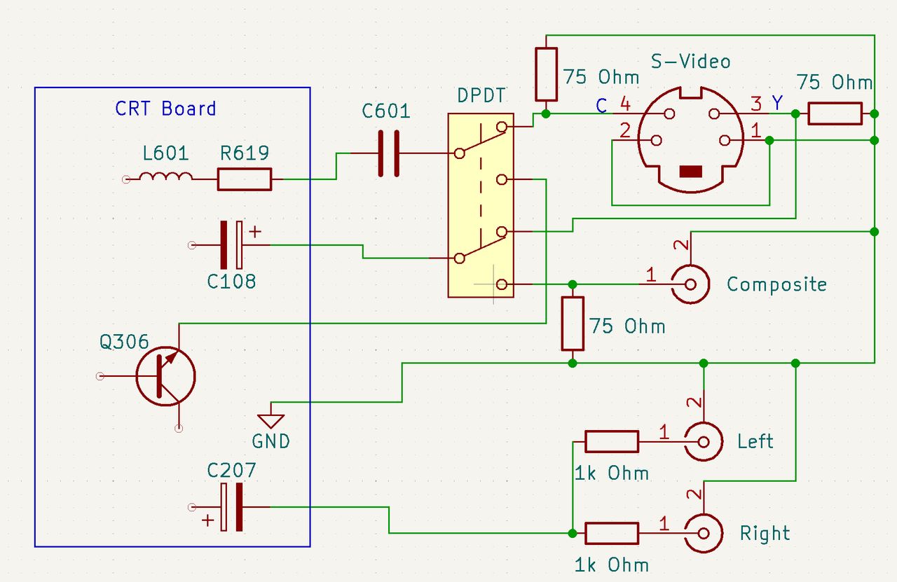 CT-9R10 - Schematic of the full install. Note that C207 has the negative (-) side lifted from the CRT board, as is C108's...