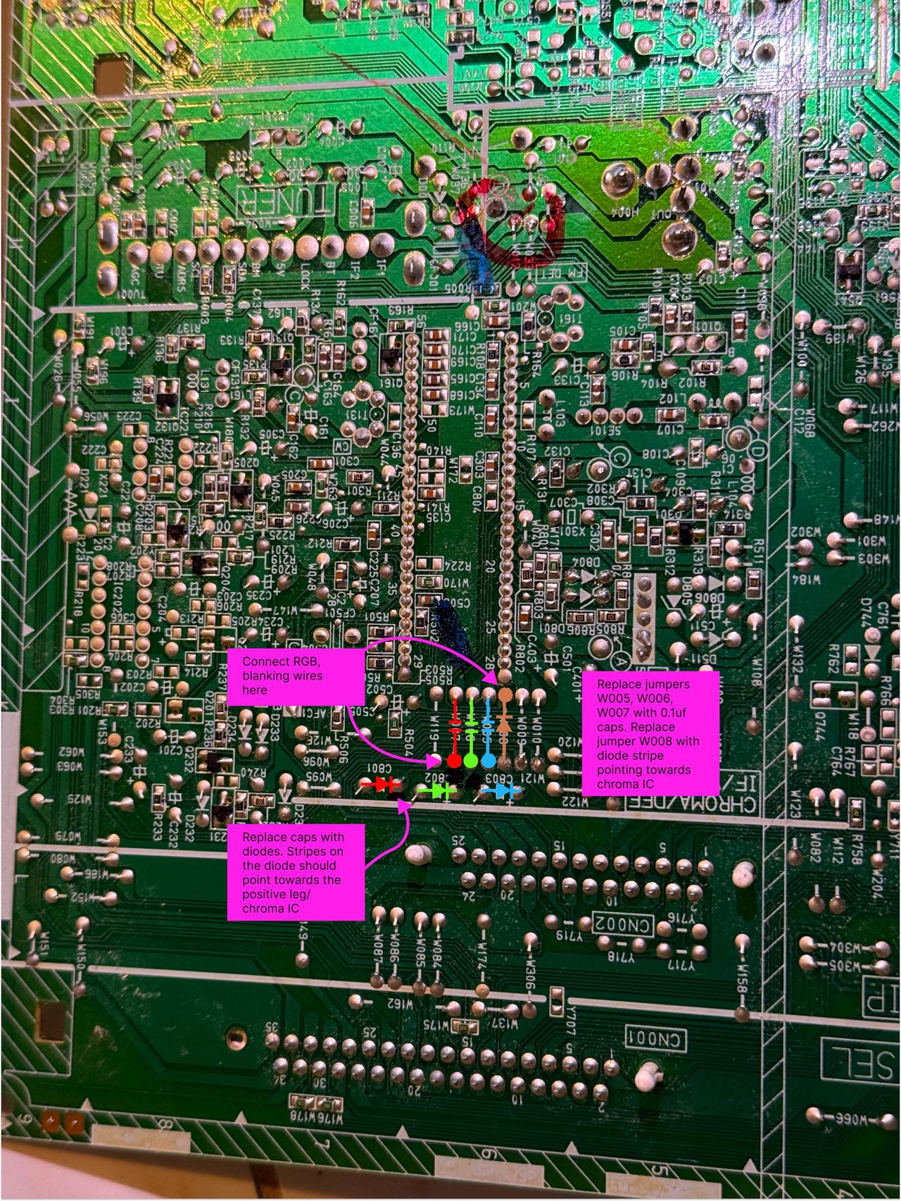 AV-27050 - Where to add the capacitors and diodes. You basically remove the jumpers and add the RGB 0.1uf capacitors, diod...