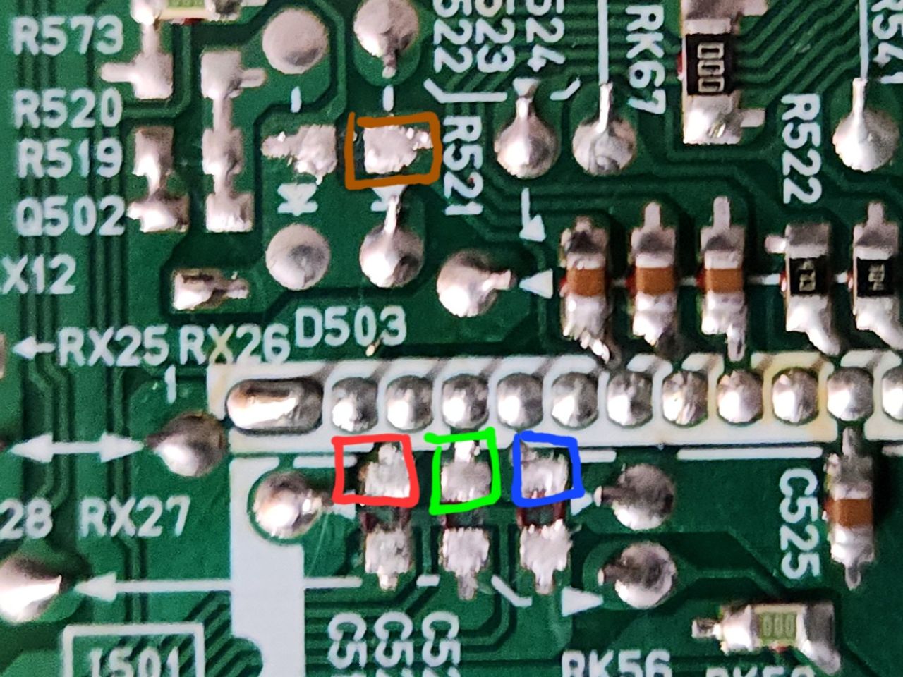 36UX01S - After de-soldering components, these are the pads I used to inject RGB and blanking. RGB is pins 2-4 respectivel...