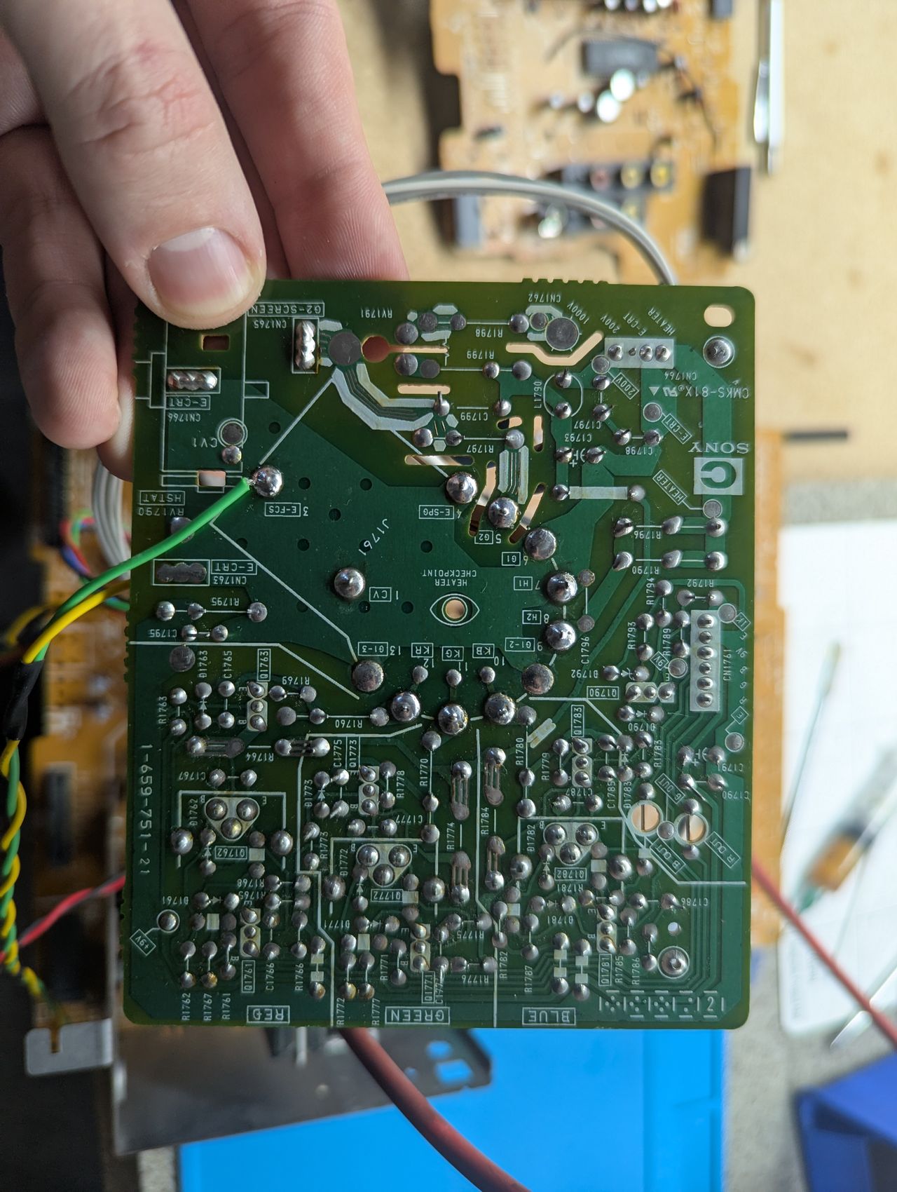 KV-32V35 - Rear of the neckboard. The wires were connected to a G1 mod board. I didn't find much difference on this set wi...