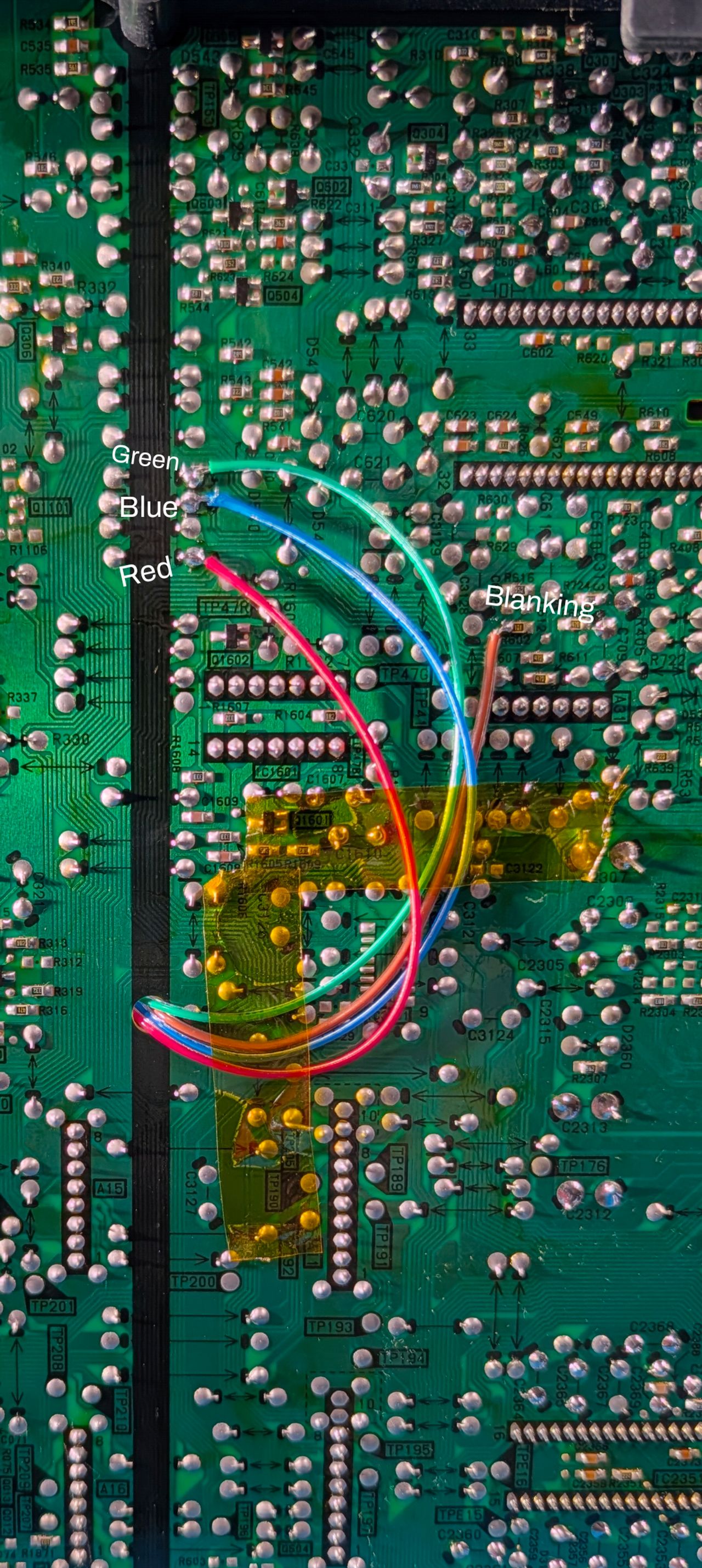 CT-27SF25W - Bottom of the A-Board with connection points labeled for R,G,B, and Blanking