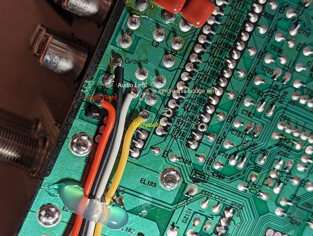 GXE-1395 - Connect your ground, composite (sync) and (if using SCART) audio wires to the board. All of these can be obtain...