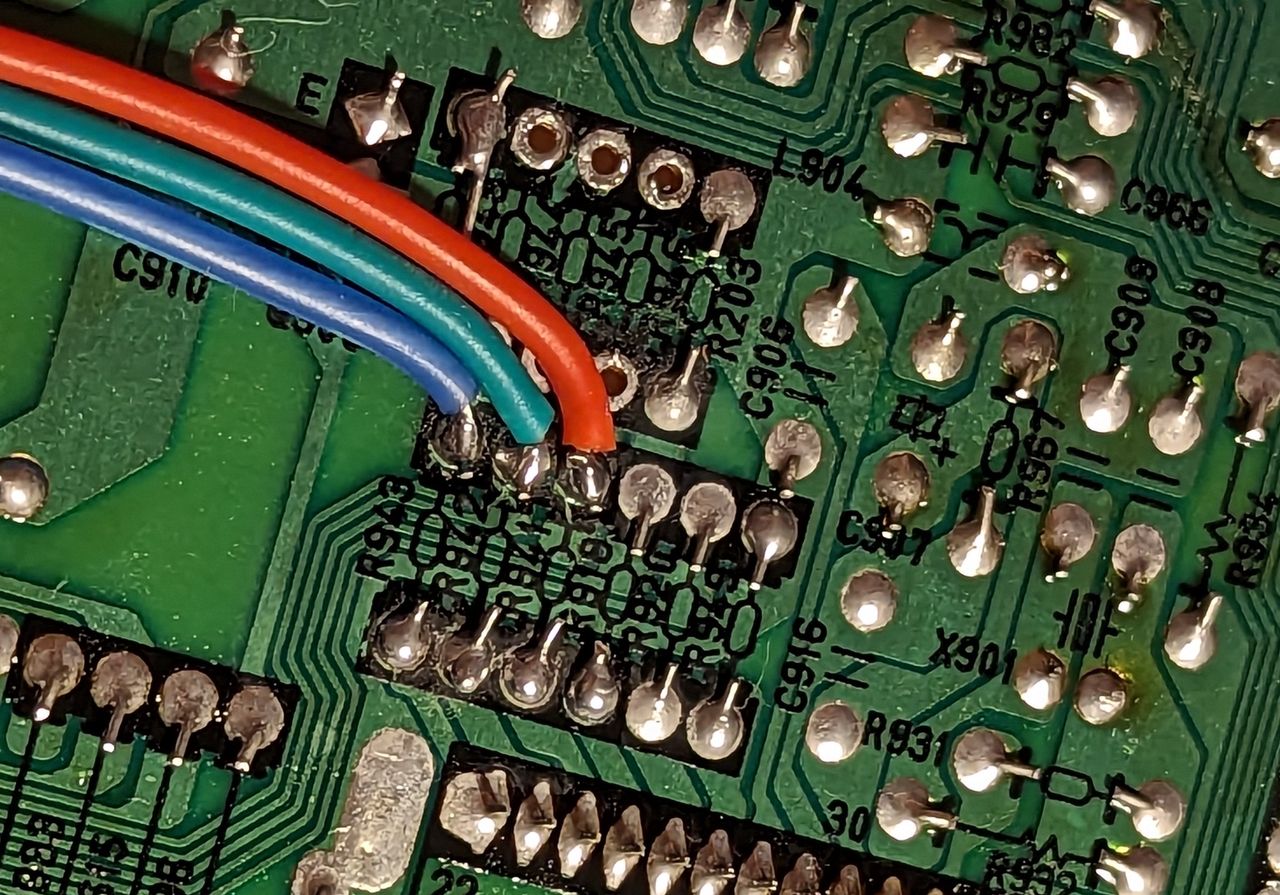 GXE-1395 - Connect your RGB and blanking wires to the board. - 5V Blanking goes in between the diode and R918 (see pic abo...